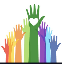 brightly-colored raised hands with heart in palm